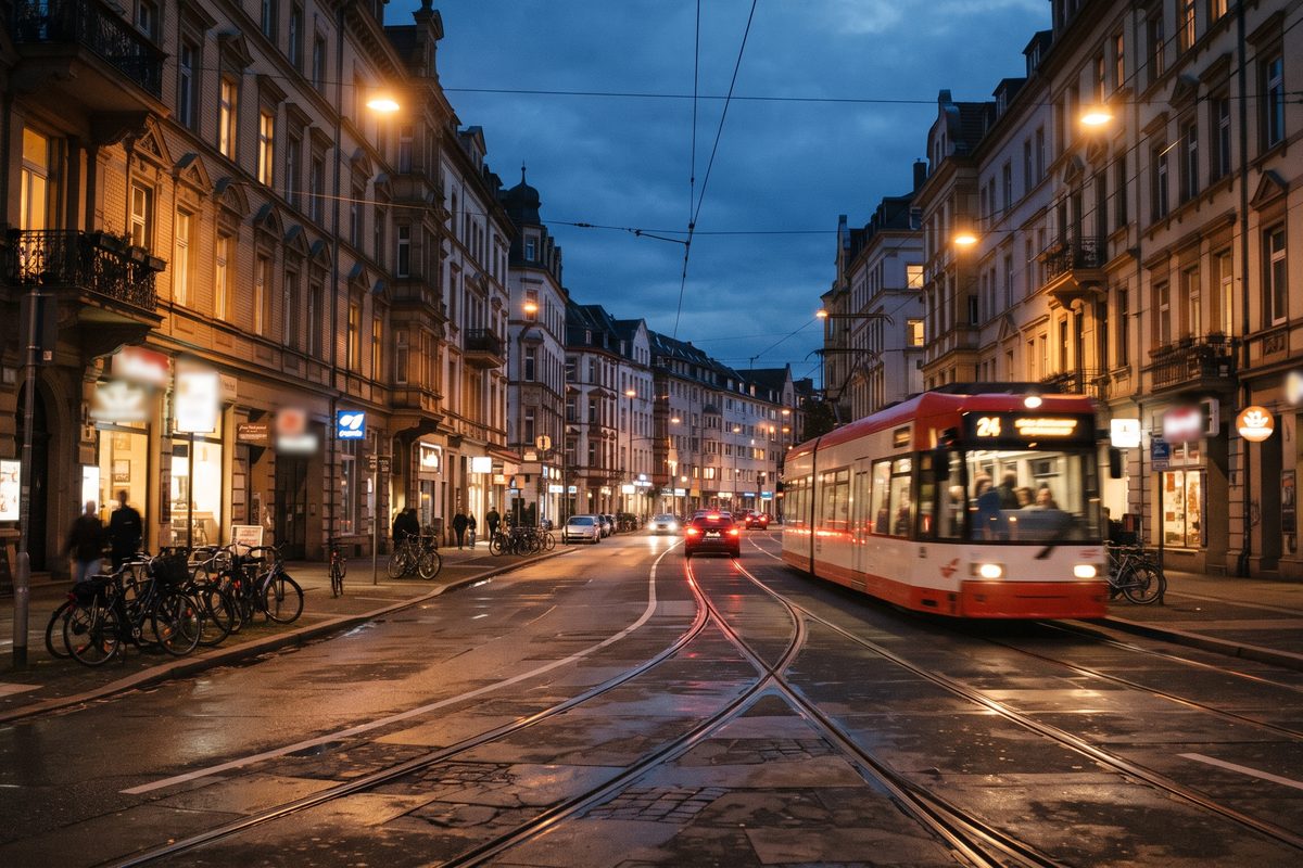 Straßenzug mit Straßenbahnschienen und Altbauten am Abend