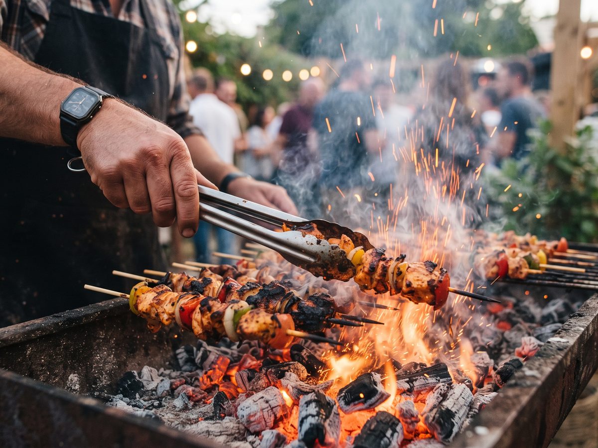 Spieße werden über der Glut gewendet