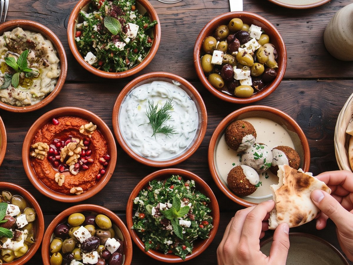 Meze-Schalen und Fladenbrot von oben