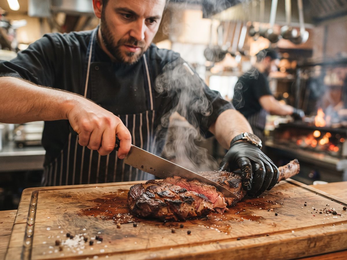 Koch schneidet gegrilltes Fleisch auf einem Brett