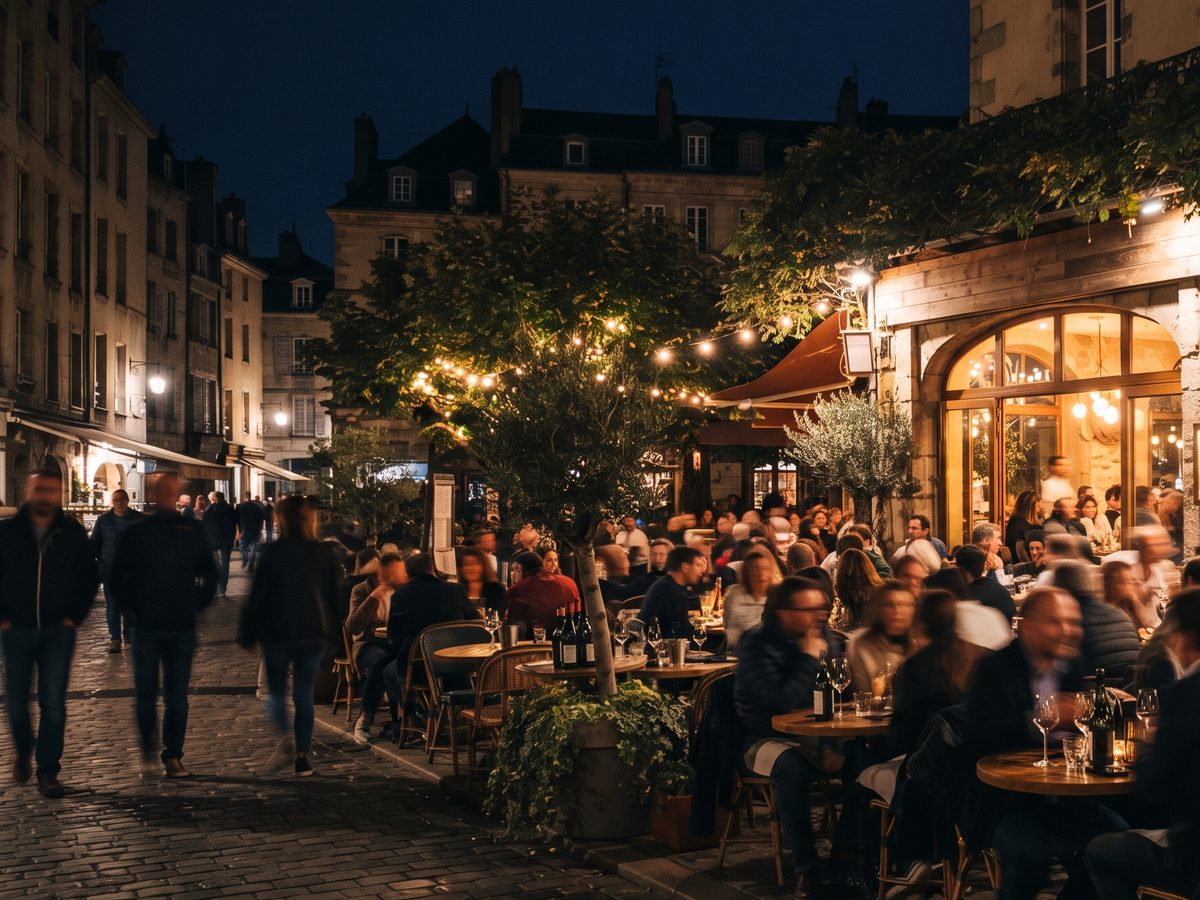 Volle Terrasse am Abend von außen