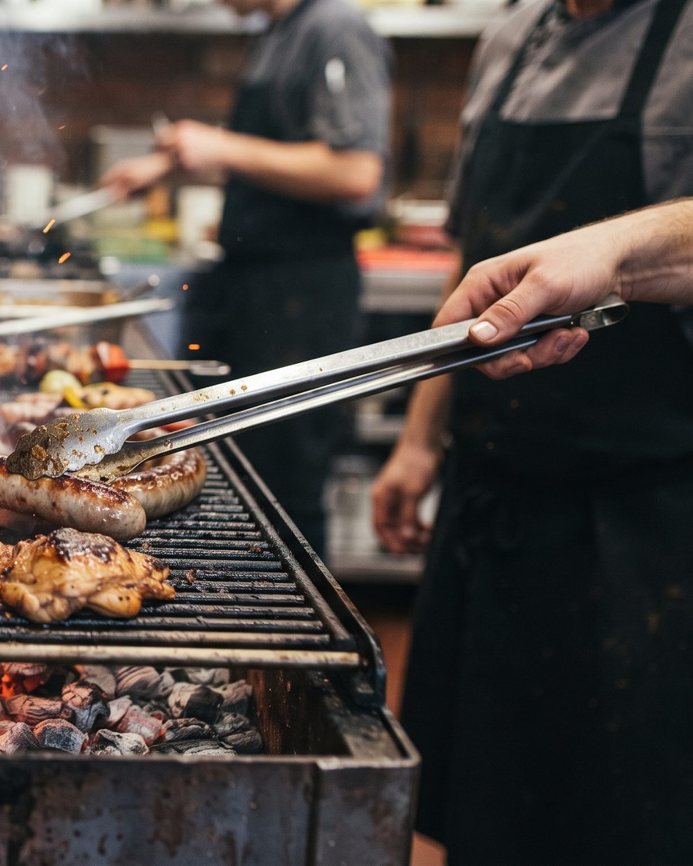 Grillmeister wendet einen Spieß über der Glut