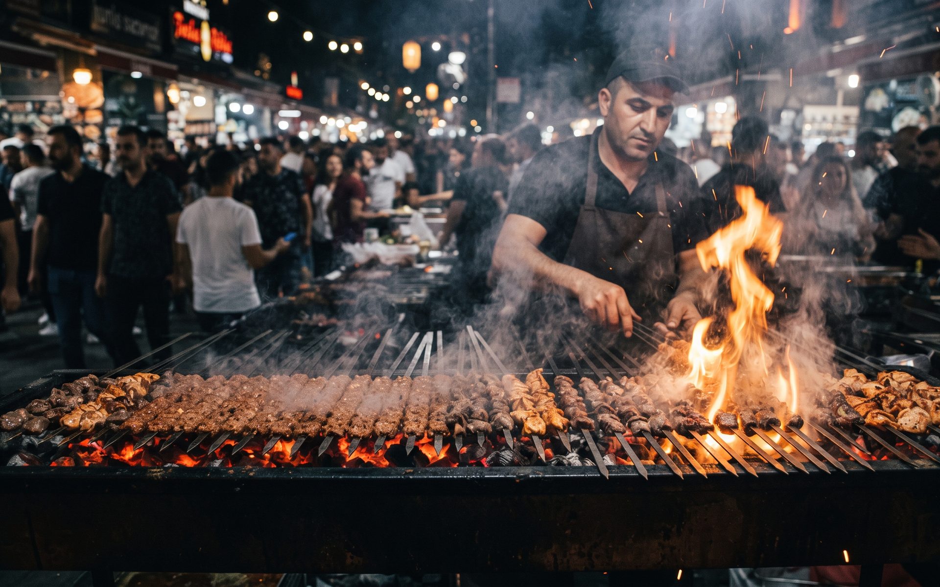Kohlegrill mit Fleischspießen und hohen Flammen bei Nacht