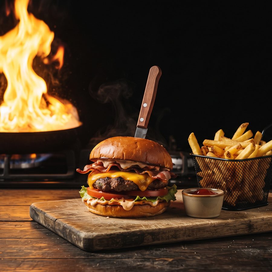 Burger und ein Korb Pommes vor einer hohen Flamme