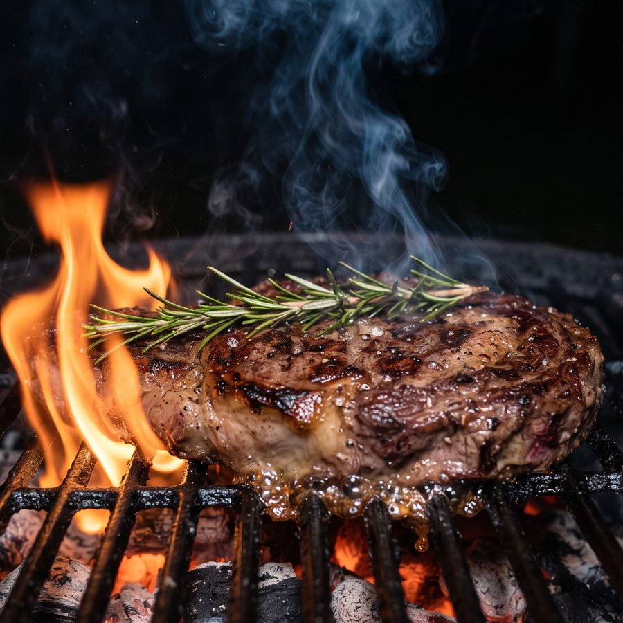 Ribeye mit Rosmarin auf dem Rost, Flammen schlagen hoch
