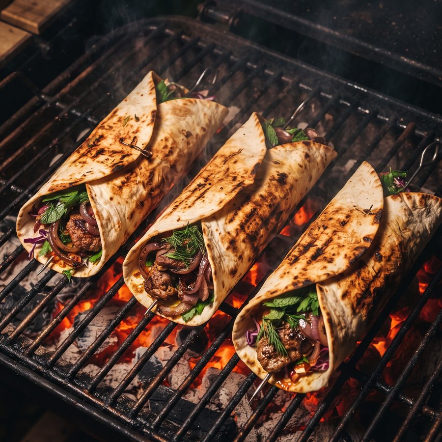 Drei gefüllte Fladenbrot-Wraps auf dem Grillrost