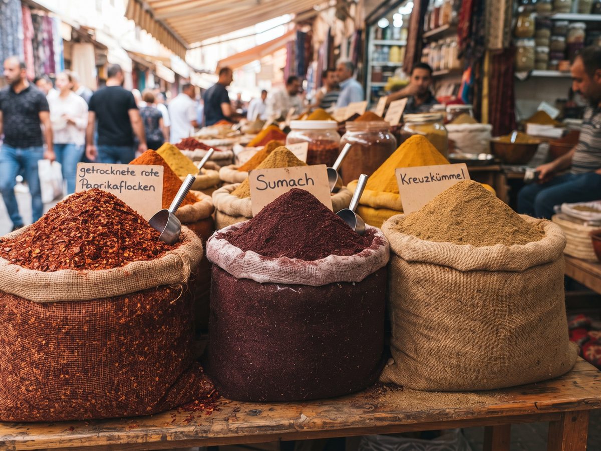 Gewürzberge in offenen Säcken auf einem Basar