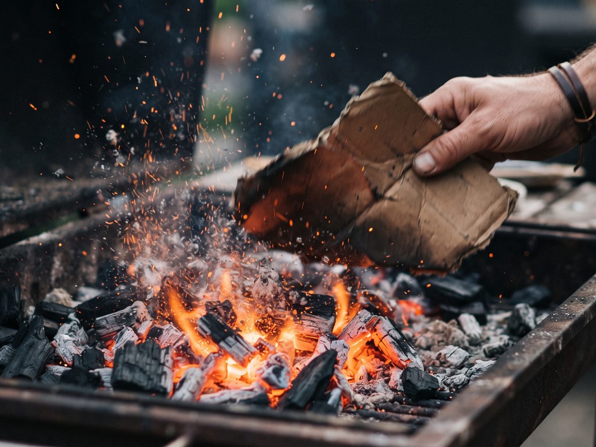Eine Hand fächert die Holzkohle an, Funken fliegen